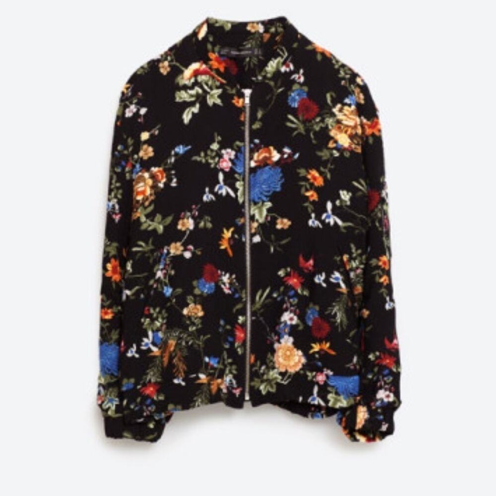 Zara Floral Lined Bomber Jacket Full Zip S
